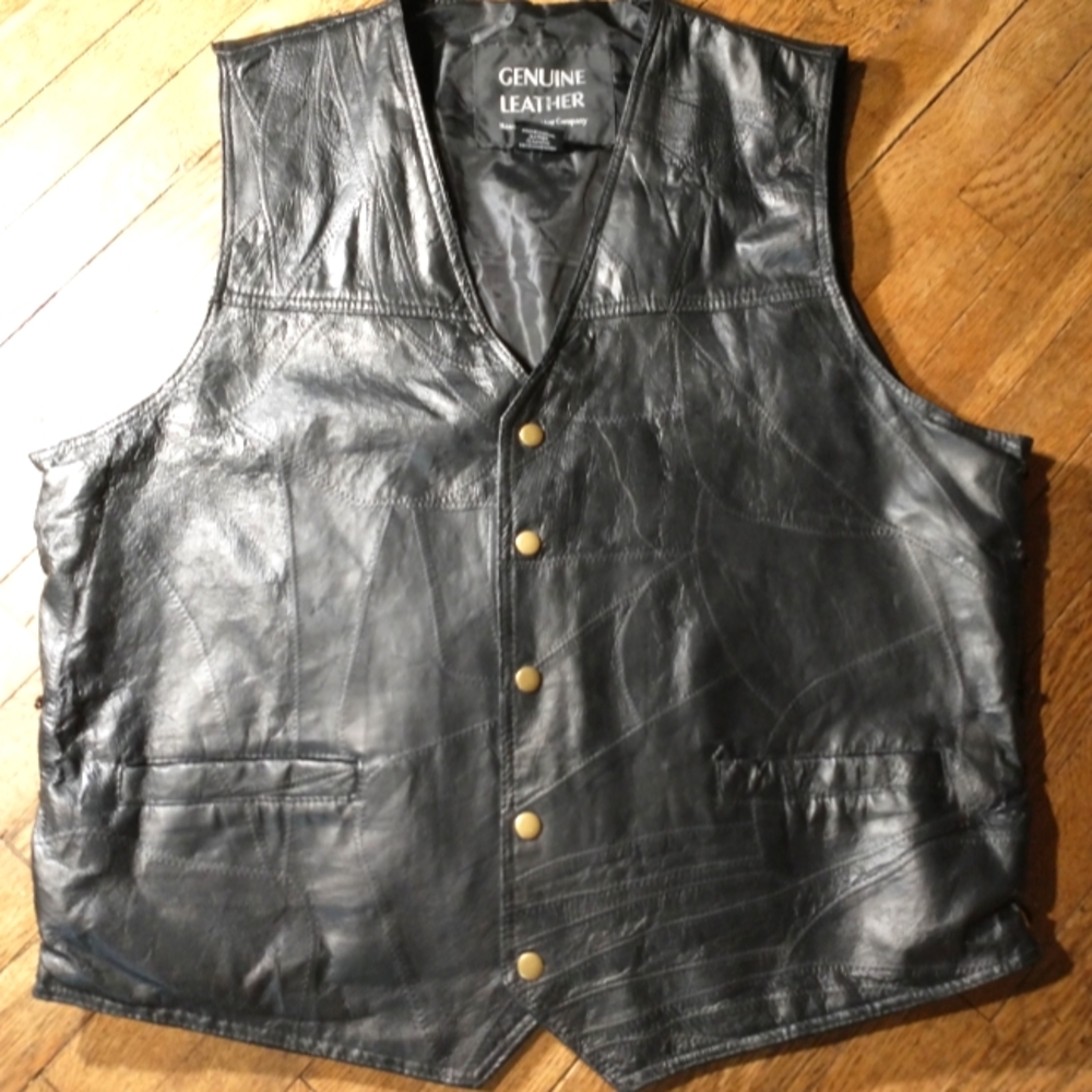 Mens Genuine Leather Vest Navarre Blk Biker Italian Snaps Motorcycle 2X Big Tall